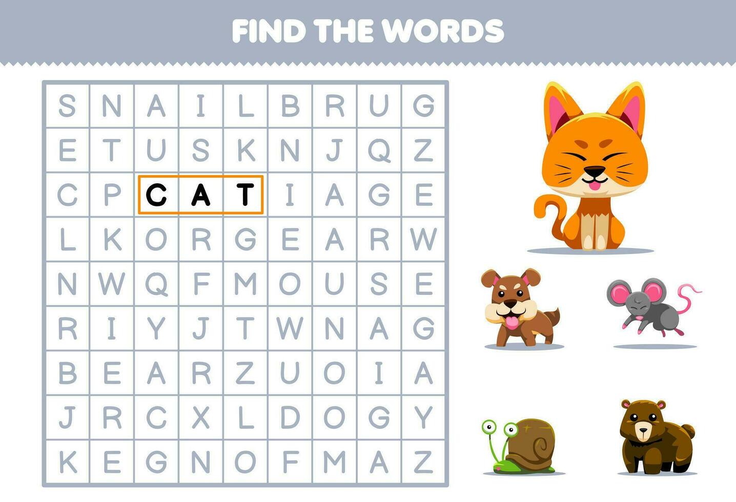 Education game for children find the words for cute cartoon cat dog mouse snail bear printable animal worksheet vector