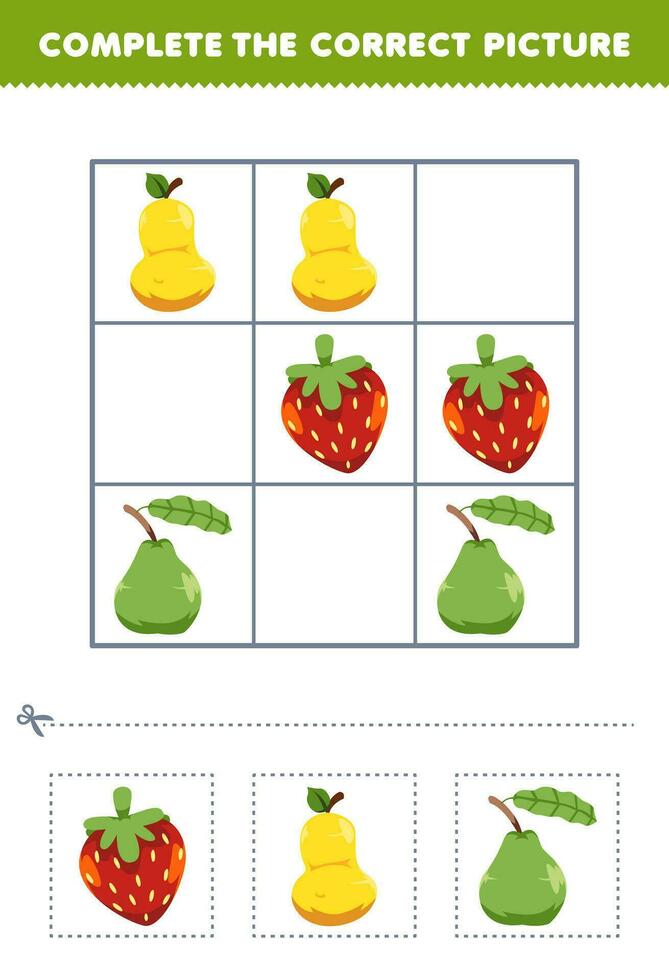 Education game for children complete the correct picture of a cute cartoon strawberry pear and guava printable fruit worksheet vector