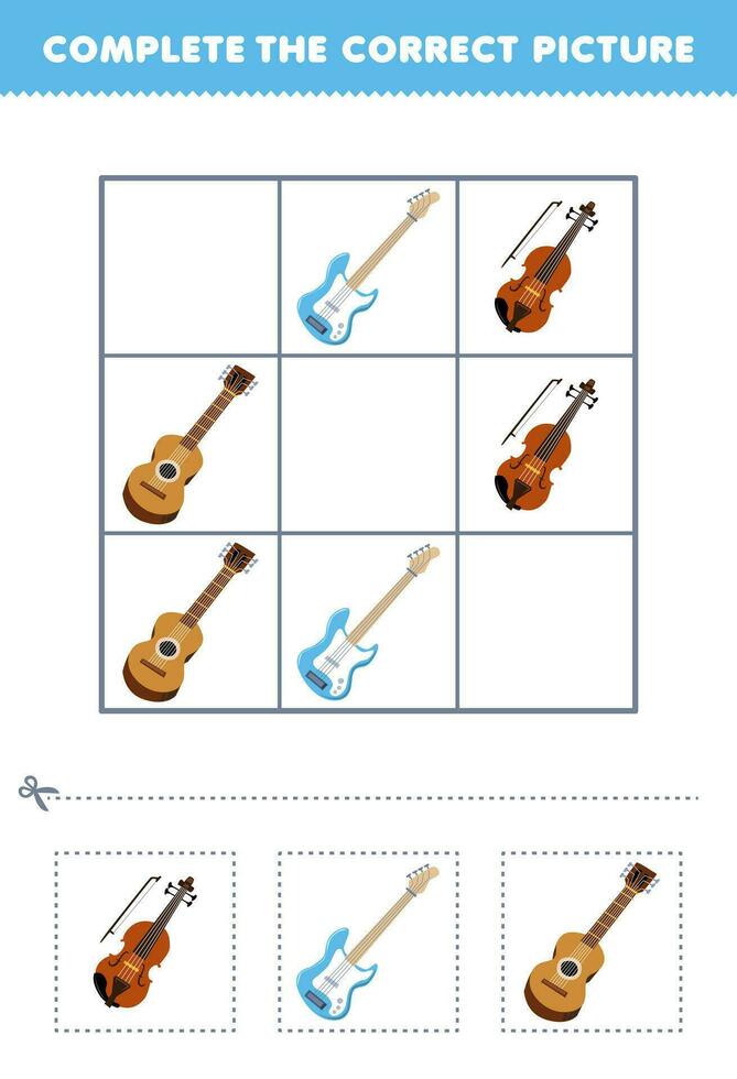 educación juego para niños completar el correcto imagen de un linda dibujos animados violín y guitarra imprimible música instrumento hoja de cálculo vector