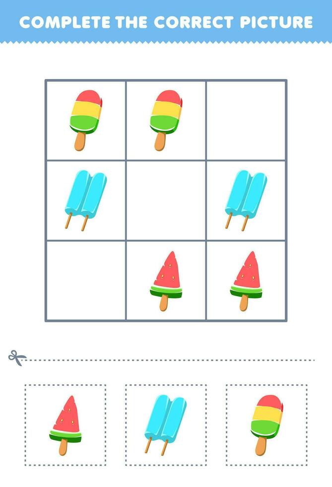 Education game for children complete the correct picture of a cute cartoon popsicle ice printable food worksheet vector
