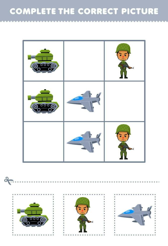 educación juego para niños completar el correcto imagen de un linda dibujos animados tanque soldado y chorro combatiente imprimible profesión hoja de cálculo vector