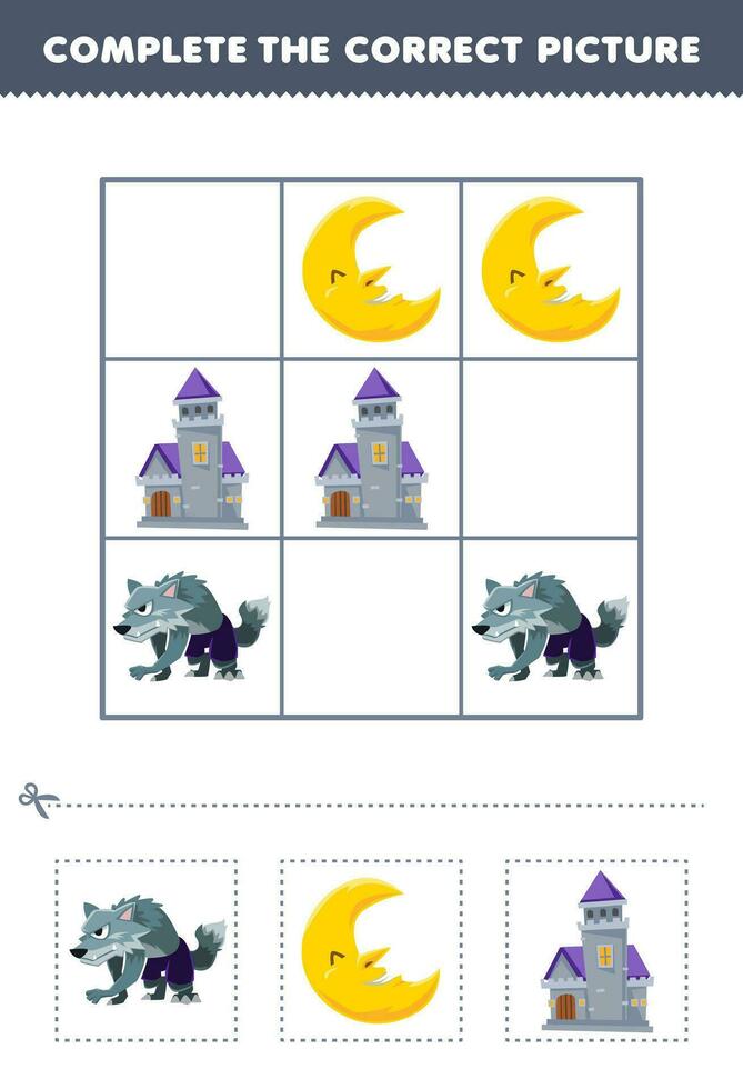 Education game for children complete the correct picture of a cute cartoon moon werewolf and castle printable halloween worksheet vector