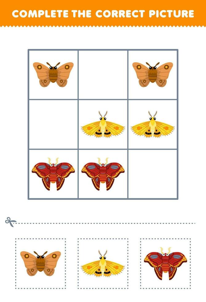 educación juego para niños completar el correcto imagen de un linda dibujos animados polilla imprimible error hoja de cálculo vector