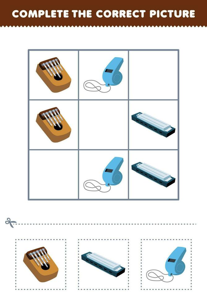 educación juego para niños completar el correcto imagen de un linda dibujos animados Kalimba harmónica y silbar imprimible música instrumento hoja de cálculo vector