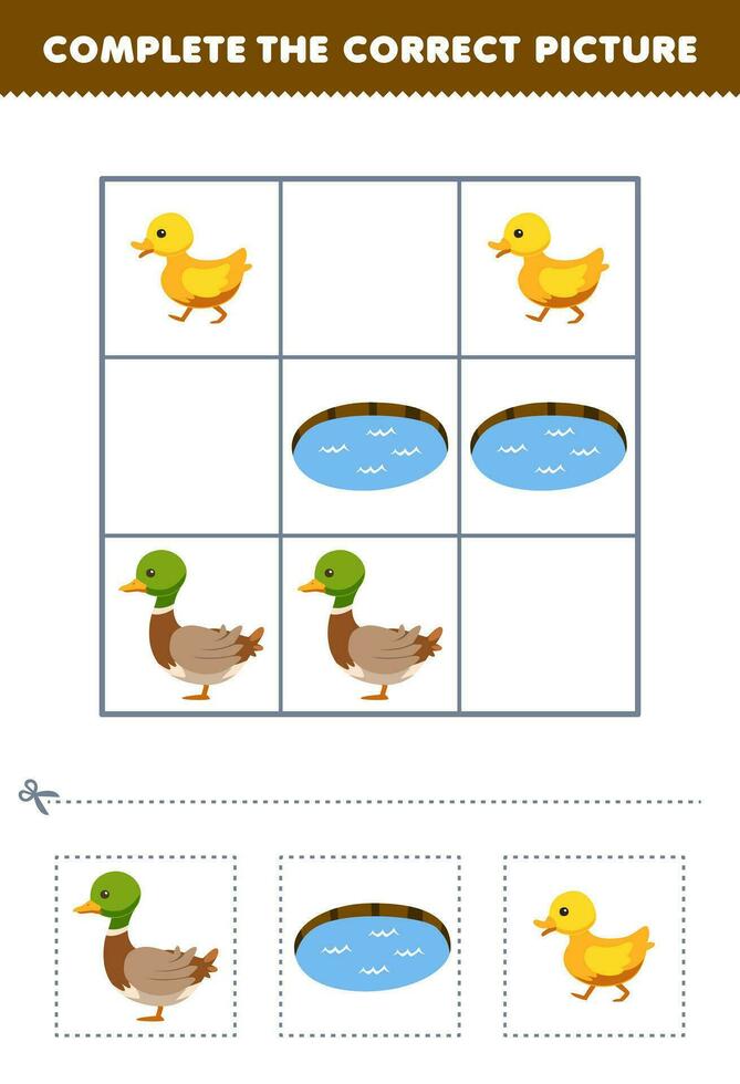 educación juego para niños completar el correcto imagen de un linda dibujos animados Pato anadón y estanque imprimible granja hoja de cálculo vector