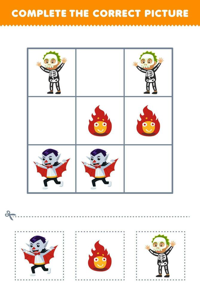 Education game for children complete the correct picture of a cute cartoon dracula fire and skeleton costume printable halloween worksheet vector