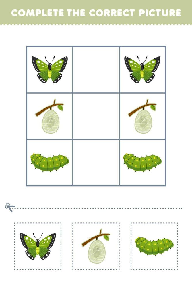 Education game for children complete the correct picture of a cute cartoon butterfly cocoon and caterpillar printable bug worksheet vector