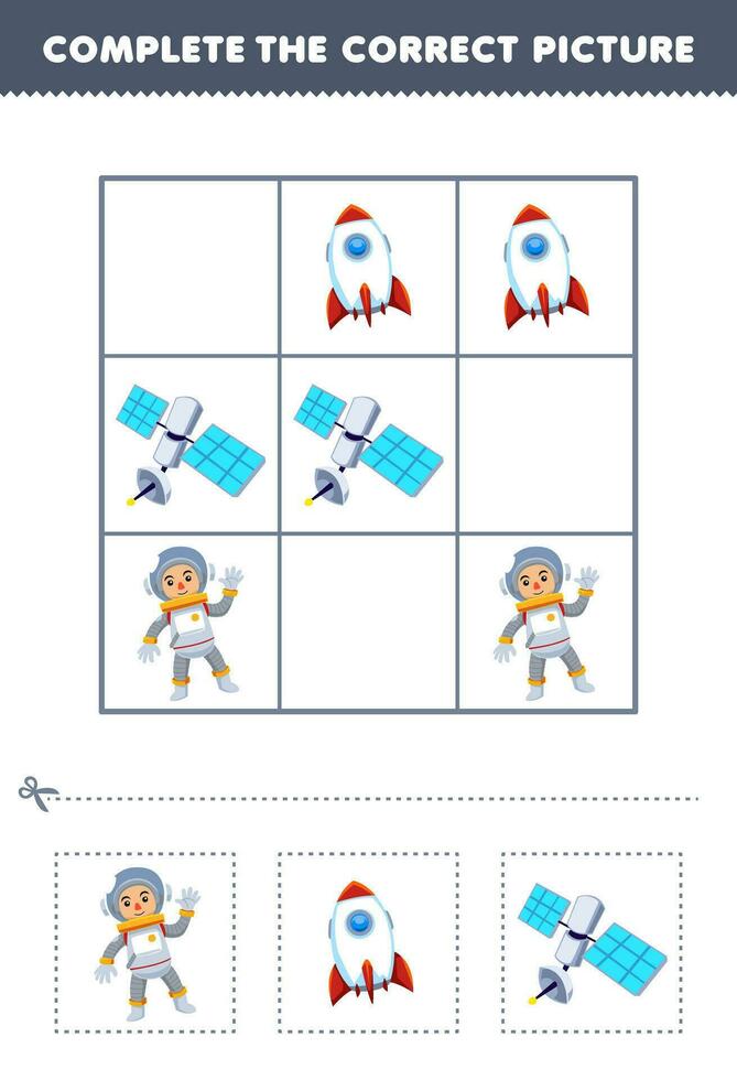 educación juego para niños completar el correcto imagen de un linda dibujos animados astronauta cohete y satélite imprimible profesión hoja de cálculo vector