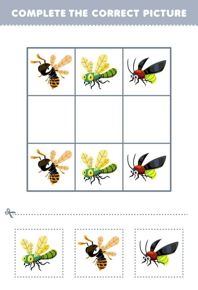 educación juego para niños completar el correcto imagen de un linda dibujos animados libélula abeja y luciérnaga imprimible error hoja de cálculo vector