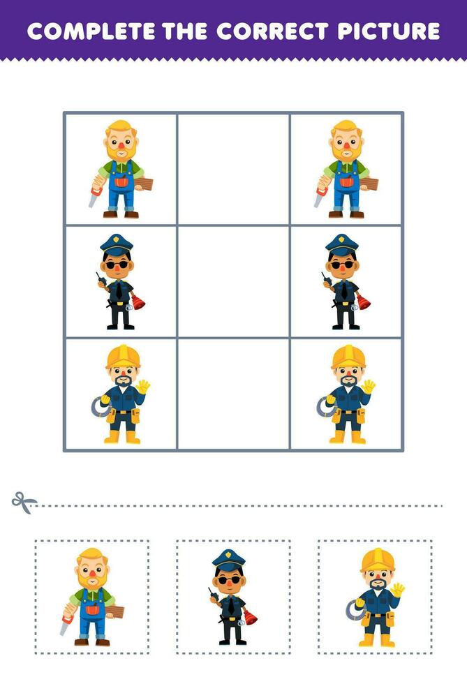 educación juego para niños completar el correcto imagen de un linda dibujos animados carpintero policía y electricista imprimible profesión hoja de cálculo vector