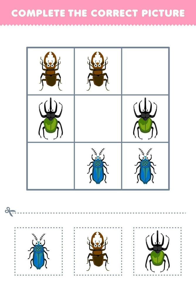 Education game for children complete the correct picture of a cute cartoon beetle printable bug worksheet vector