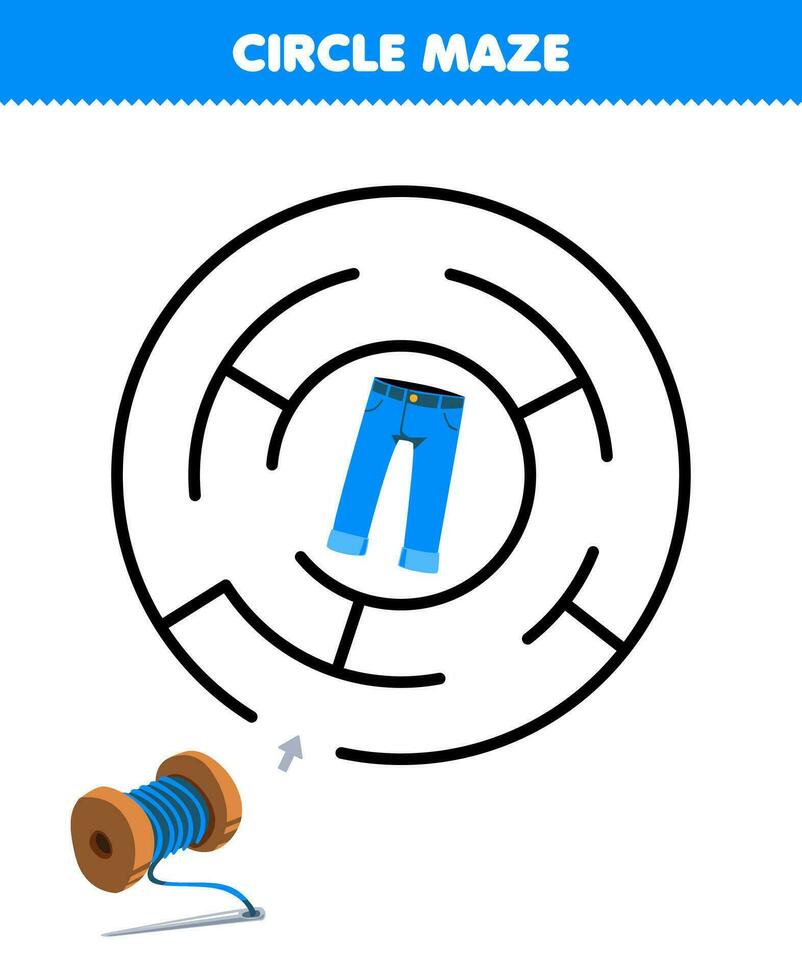 Education game for children circle maze draw line help yarn move to the jean printable wearable clothes worksheet vector