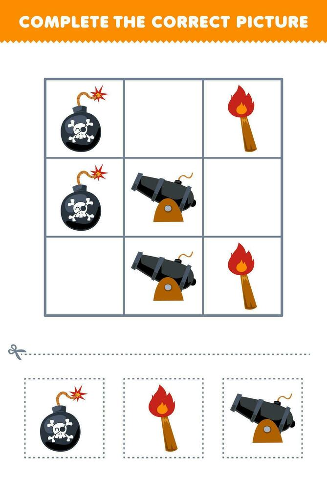 Education game for children complete the correct picture of a cute cartoon bomb torch and cannon printable pirate worksheet vector