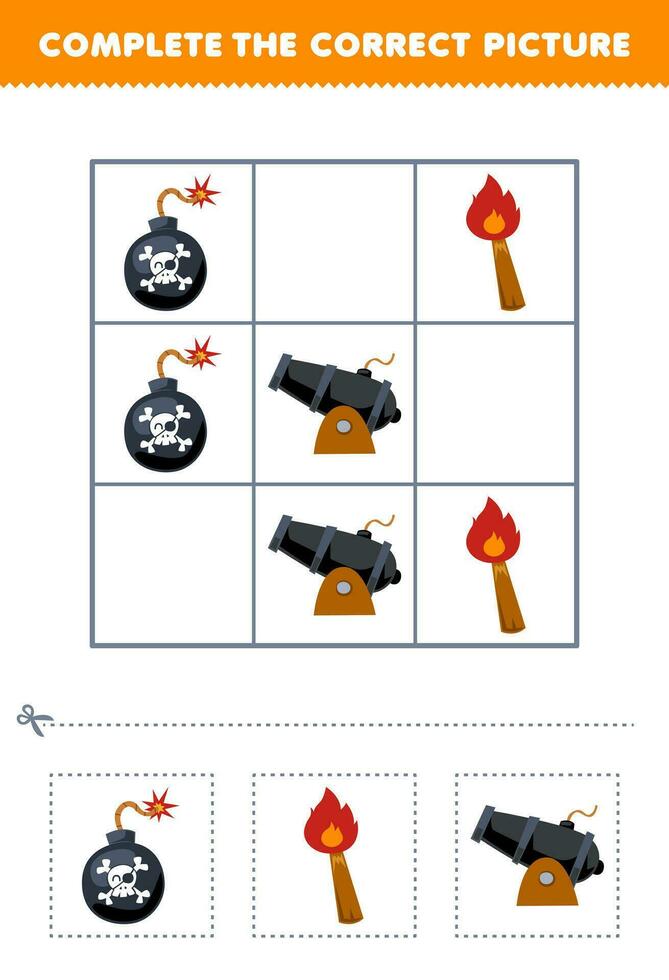 educación juego para niños completar el correcto imagen de un linda dibujos animados bomba antorcha y cañón imprimible pirata hoja de cálculo vector