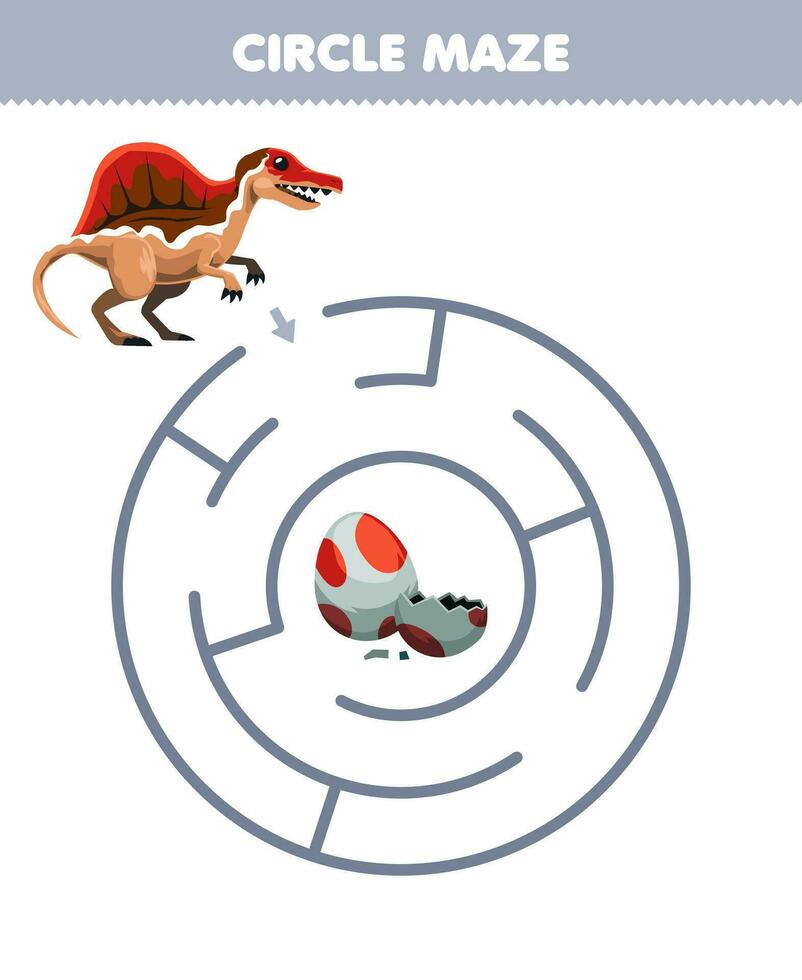 Education game for children circle maze draw line help spinosaurus move to the egg printable prehistoric dinosaur worksheet vector