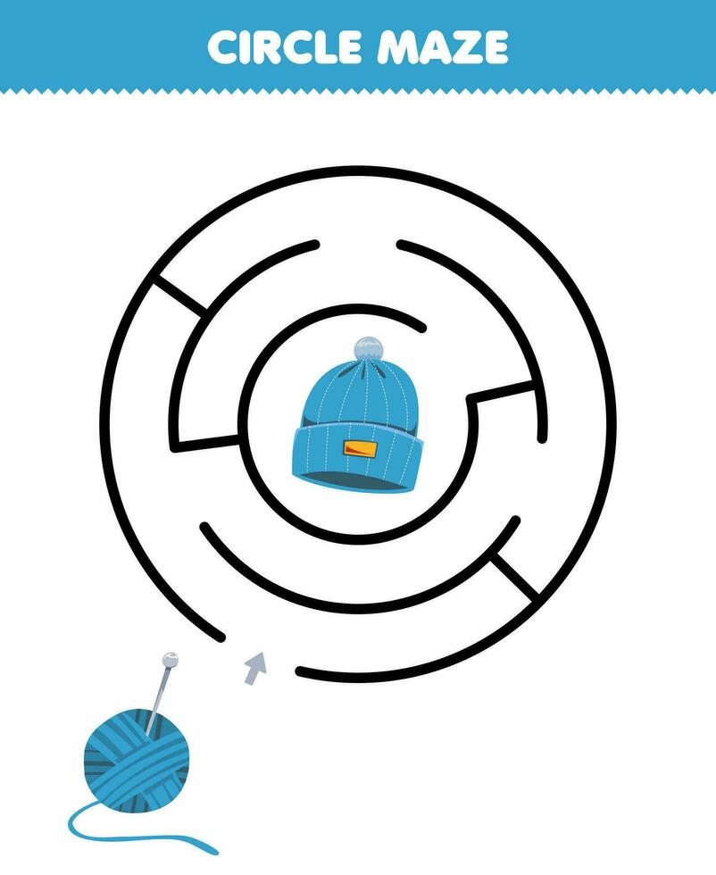 Education game for children circle maze draw line help yarn move to the beanie hat printable wearable clothes worksheet vector