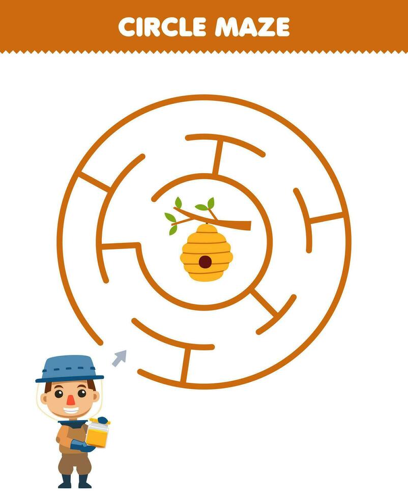 Education game for children circle maze draw line help farmer move to the bee hive printable farm worksheet vector
