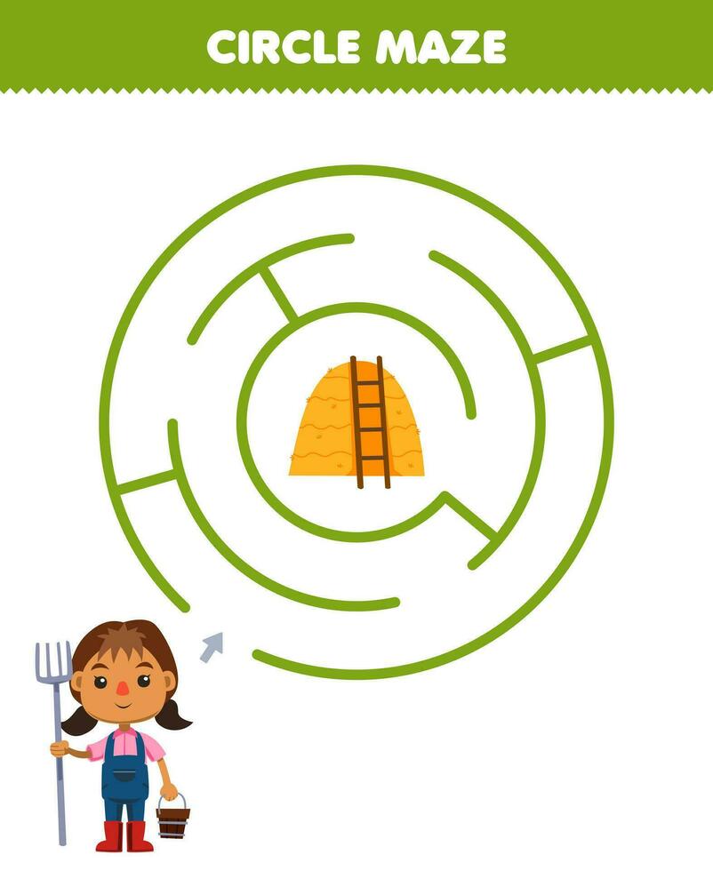 Education game for children circle maze draw line help farmer girl move to the haystack printable farm worksheet vector