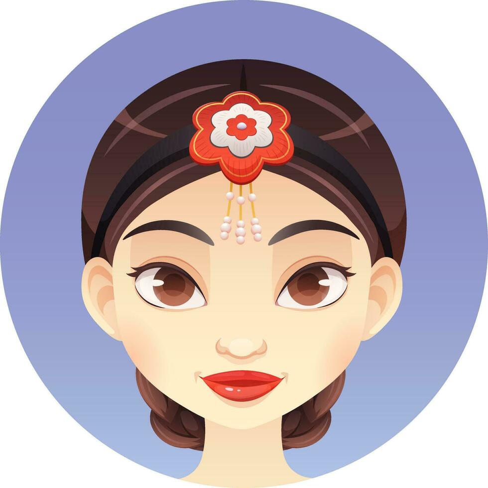 Traditional Korean hairstyle, cartoon girl with flower on her head on blue background with ornament. Garish vector illustration