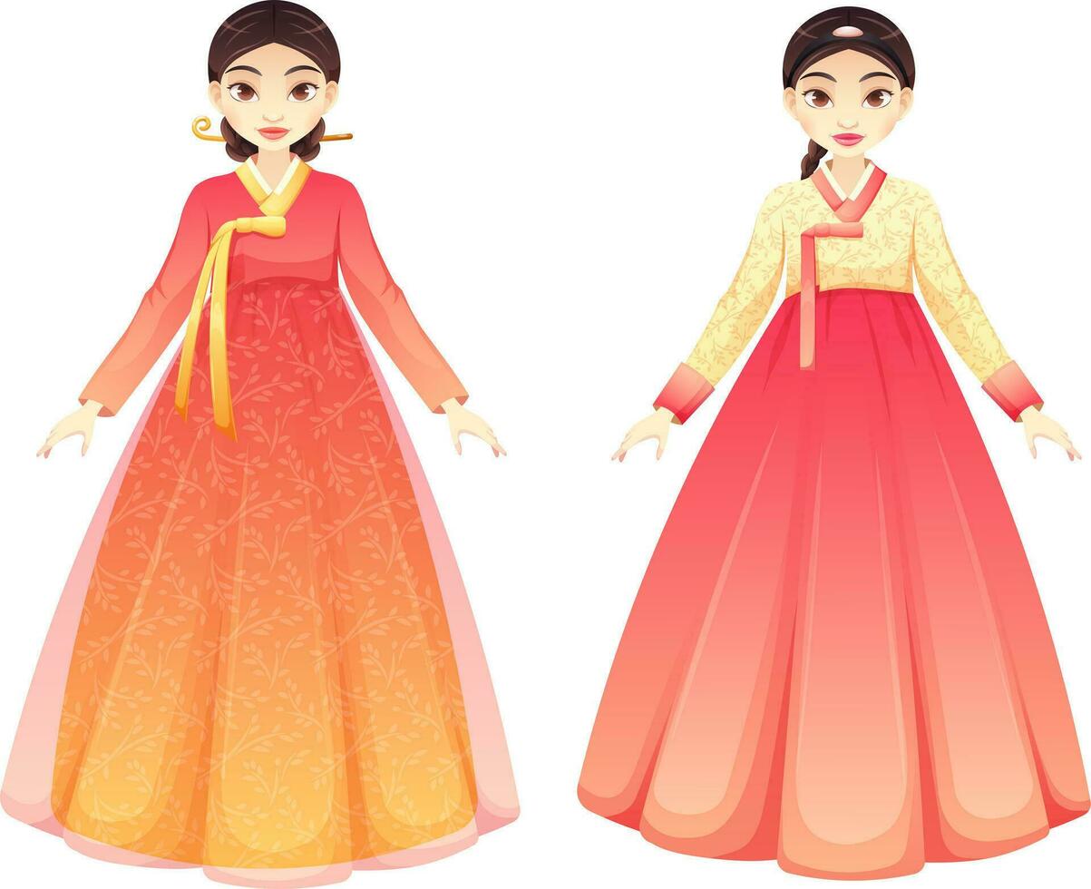 Traditional Korean hanbok in pink on transparent background.. Garish vector illustration