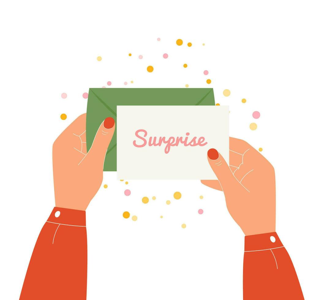 Female hands holding open envelope with letter surprise. Happy event paper message vector