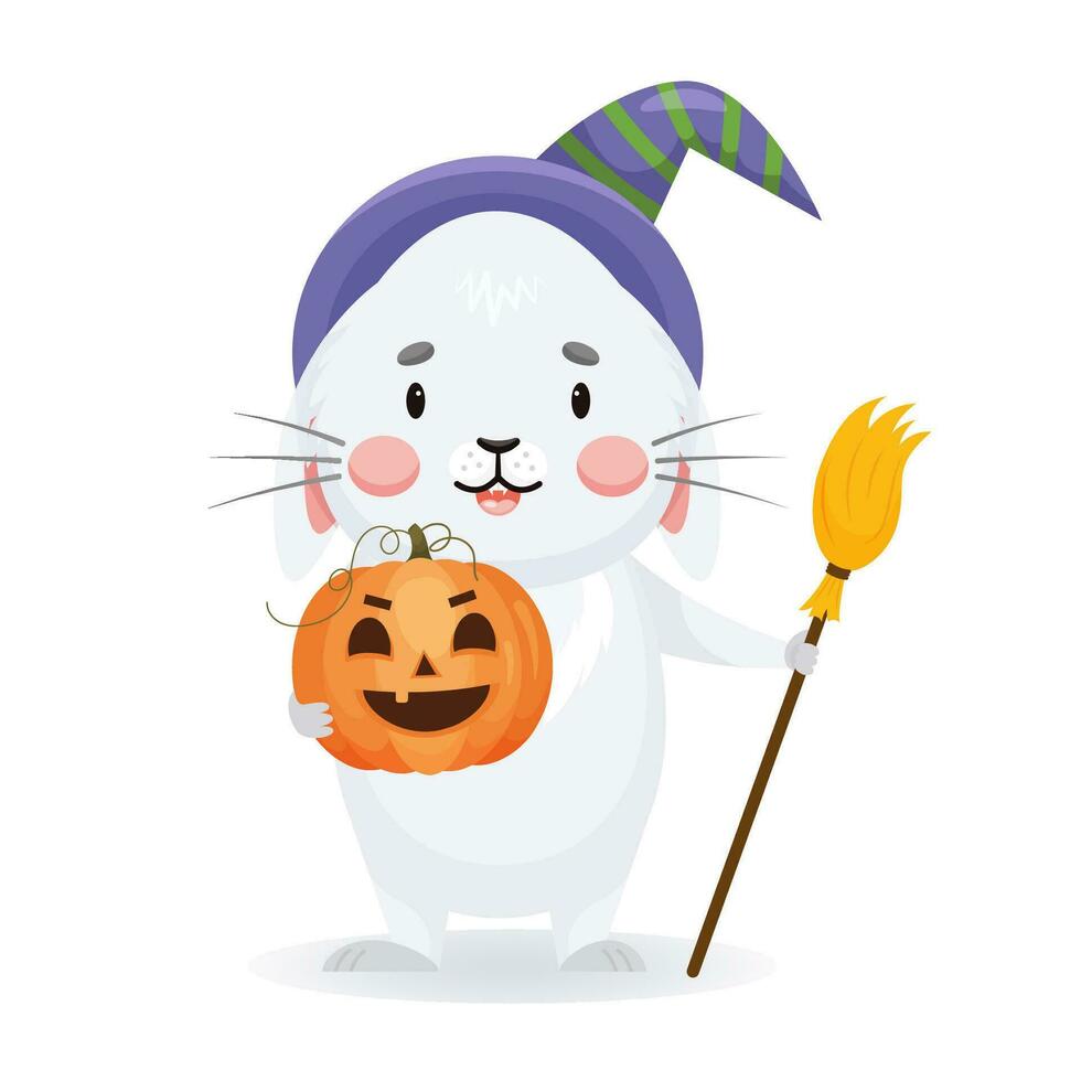 rabbit in a witch's hat and holding a creepy pumpkin. Funny rabbit in a festive costume vector