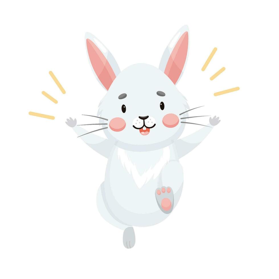 Cute gray rabbit rejoices, shouts. Happy bunny jumping with happiness. Character in cartoon style vector