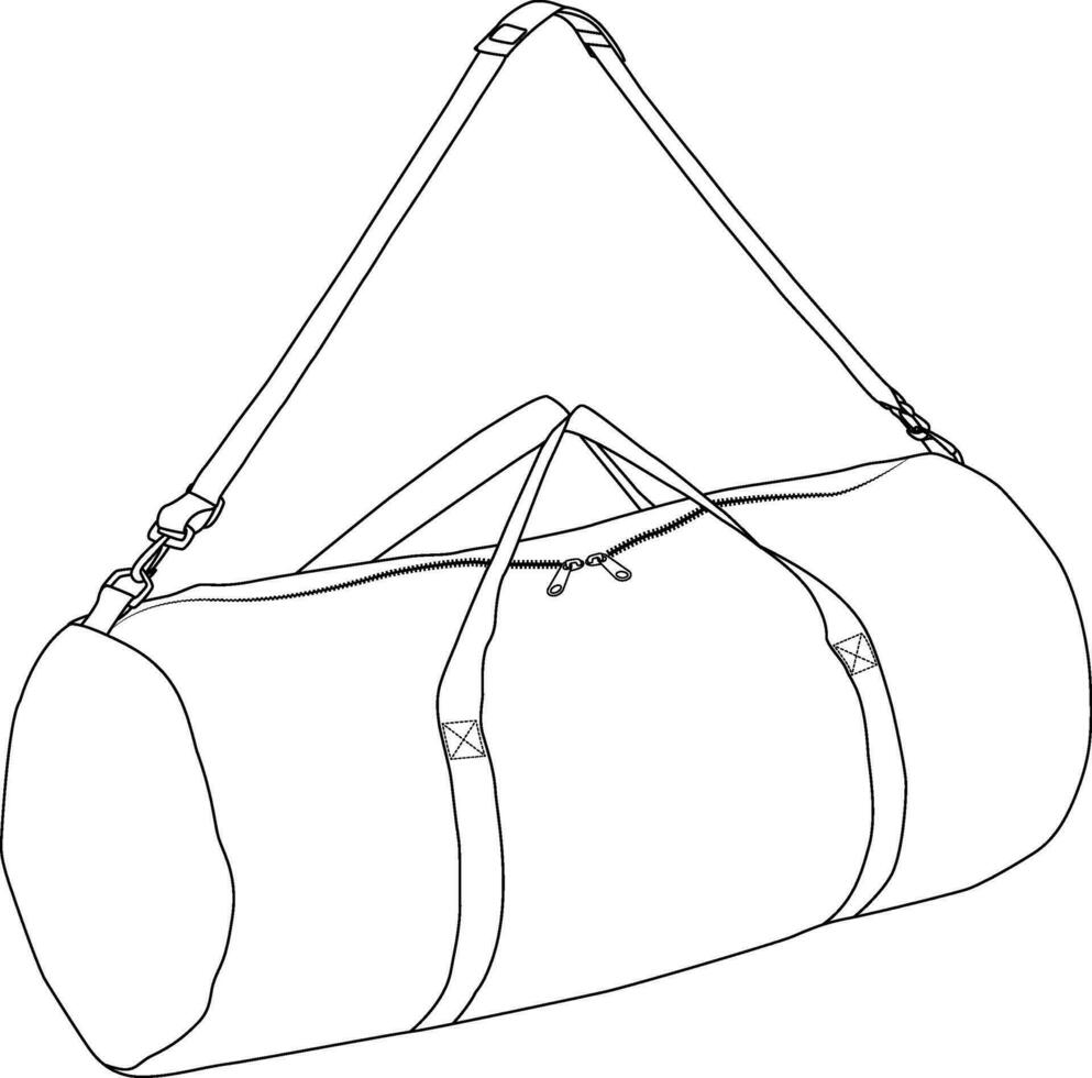 Duffle Bag Outline with Zipper and Adjustable Shoulder Strap, Gym Bag for Equipment, Sports Gear, Scuba and Travel Bag, Duffle Bag, Vector Illustration.