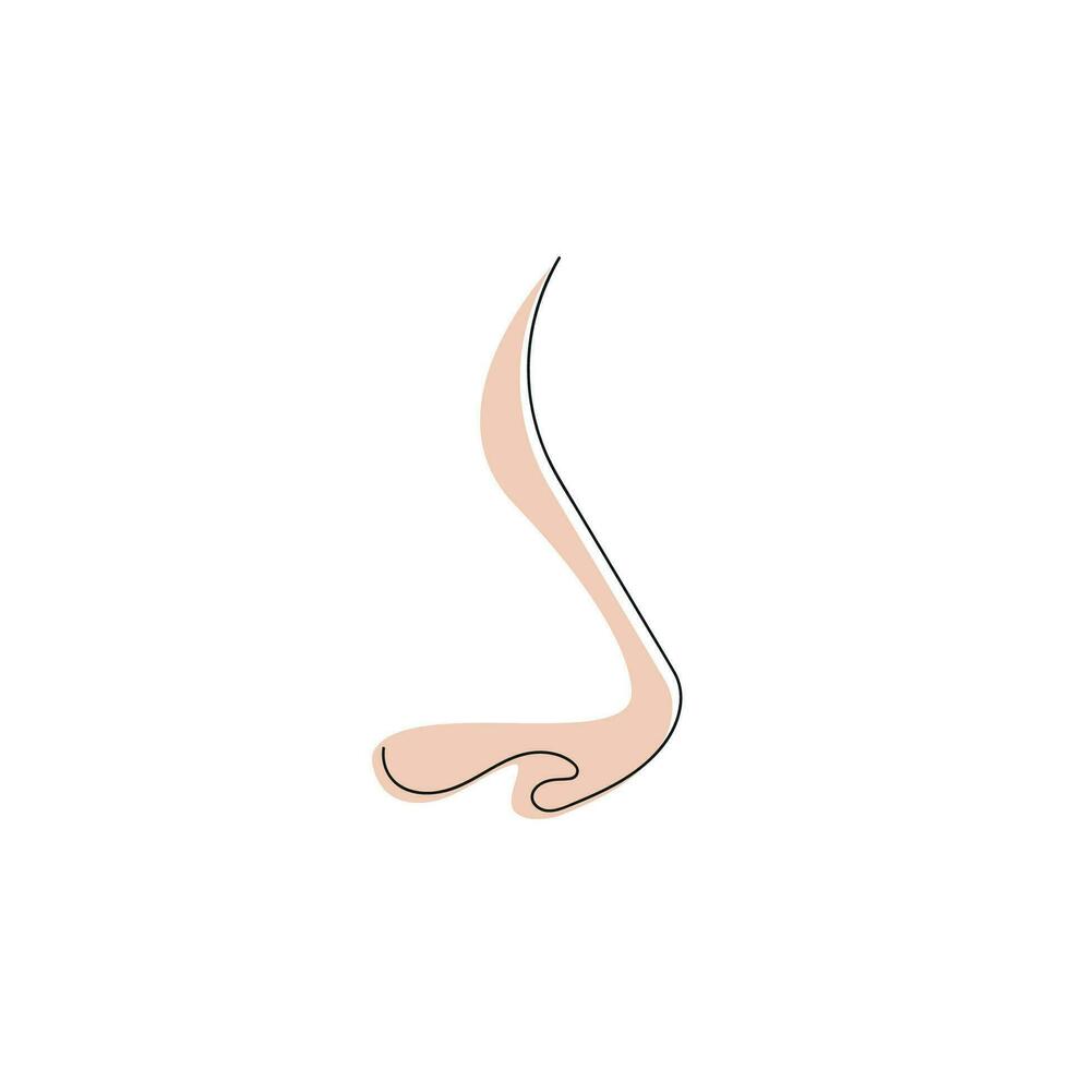 Nose drawn in one continuous line with color spot. One line drawing, minimalism. Vector illustration.