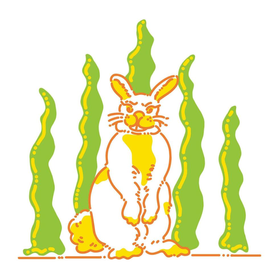 Vector Design of a Rabbit With a Strange Smile While Standing in Front of Leaves