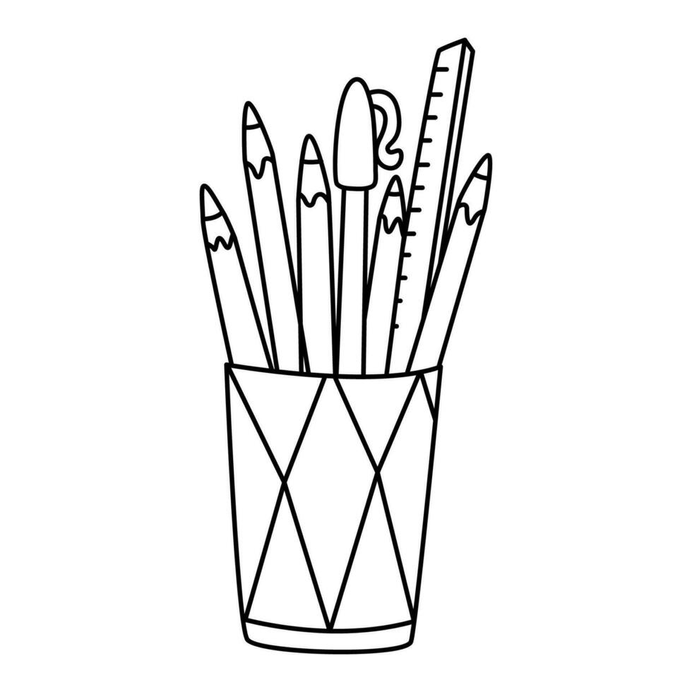 Cup with pens and pencils. Hand drawn doodle vector illustration, black outline. Back to school theme element.