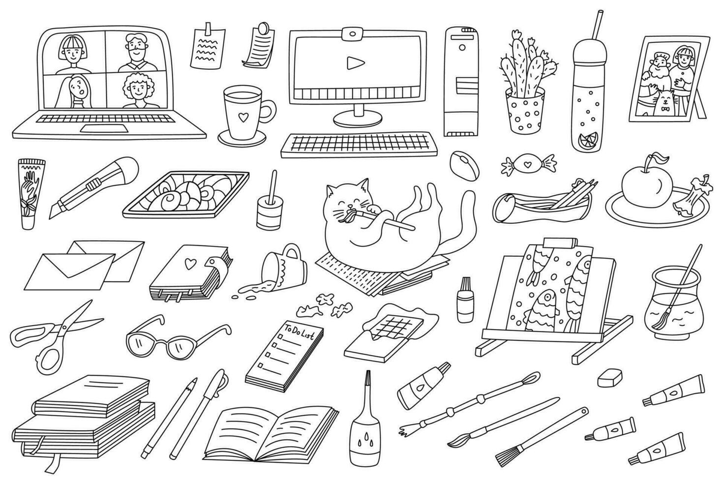 Designer, artist or freelancer workplace set. Home office vector doodle hand drawn illustration black outline. Stationary, computers and work tools