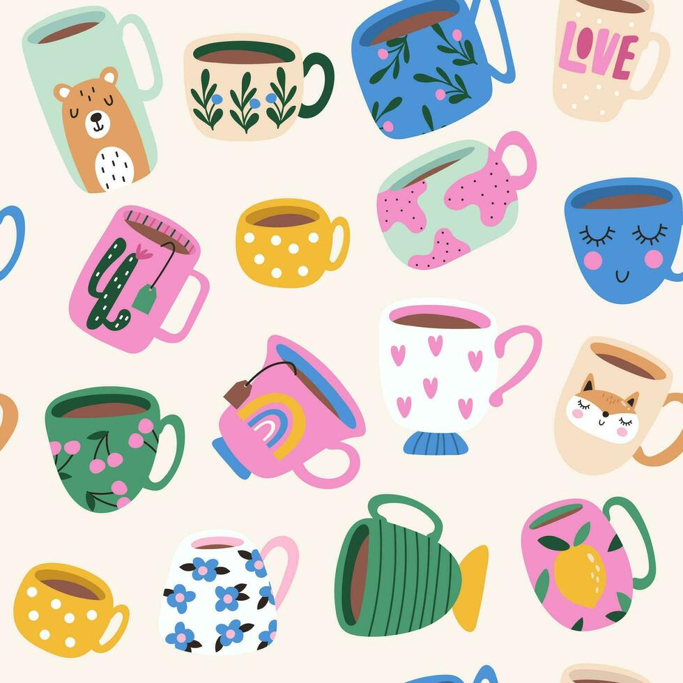 Seamless pattern with Hand drawn various Coffee and tea cup. Vector illustration.