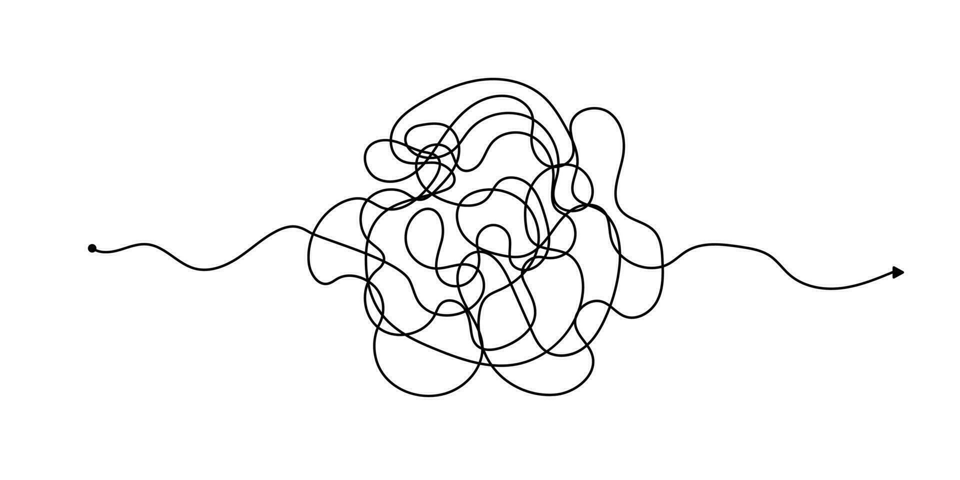 Vector psychotherapy complex chaos mess and order path. Messy drawn sketch purpose simple ball concept scribble. Chaos knot line psychotherapy continuous vector illustration art.