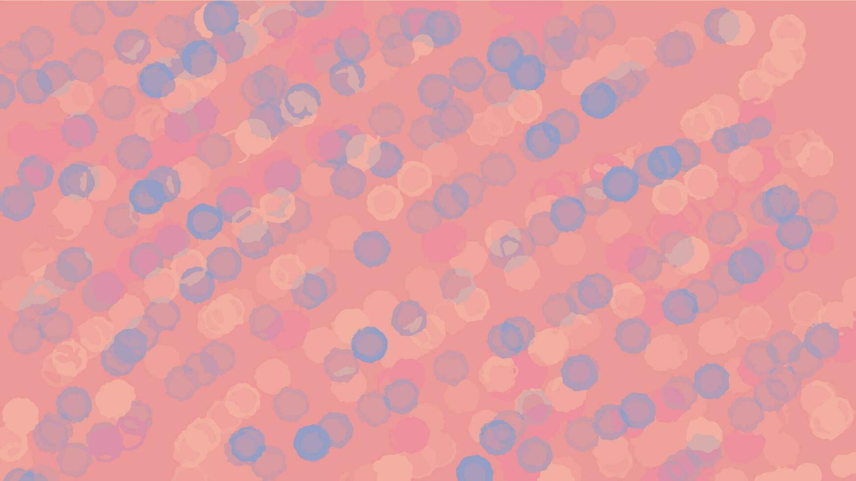 Gently red coral pink abstract background with blue, yellow and purple circles. Vector illustration. Geometric pattern. Moving bubbles and balls.