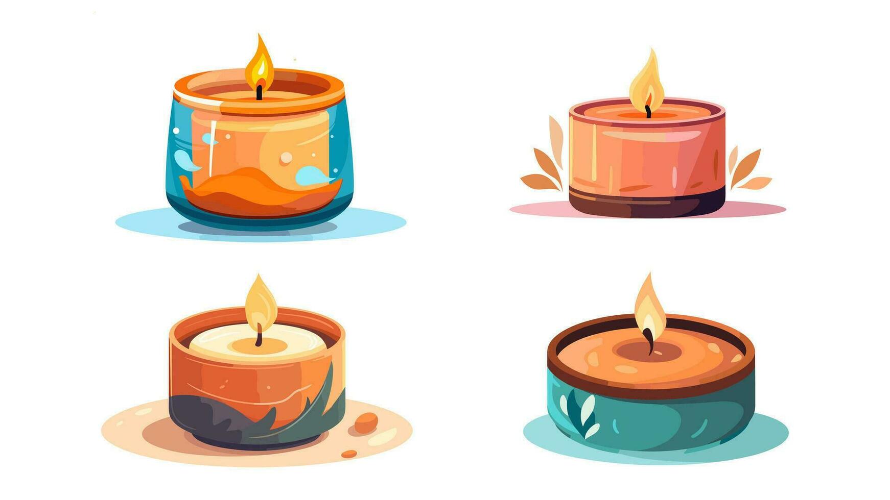 Set Interior aromatic spa candles. Decorative Wax burning handmade candles of various designs in jars with essential oils. For relaxation and spa. Vector isolated.