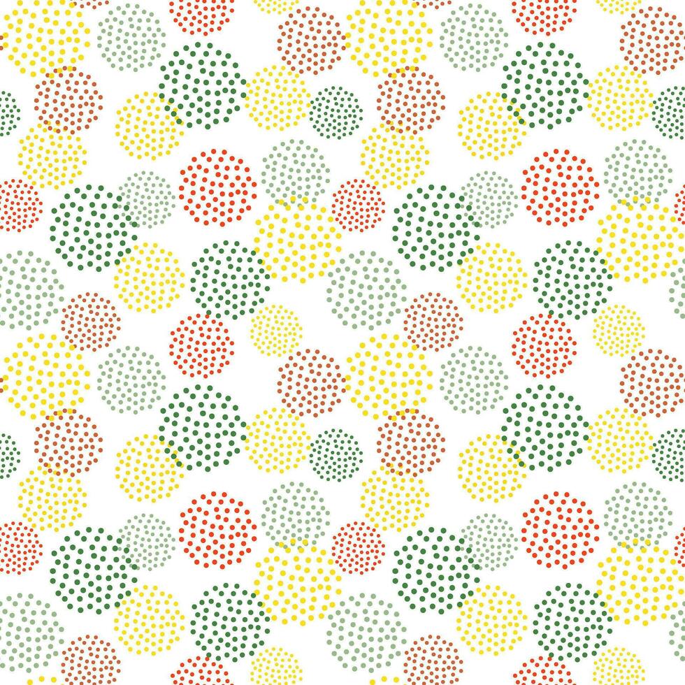 Seamless pattern, geometric abstraction. Vector. Dotted circles in green, red, yellow colors. Round geometric simple texture. Textile design, postcards, packaging, surface design vector
