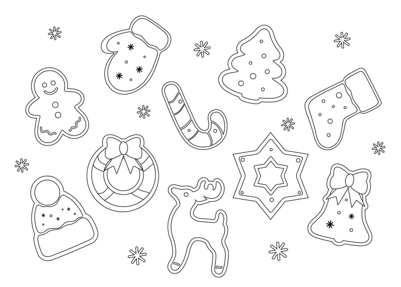 conjunto de Navidad pan de jengibre, nuevo años dulces, pan de jengibre, horneando plantilla, garabatear y bosquejo vector