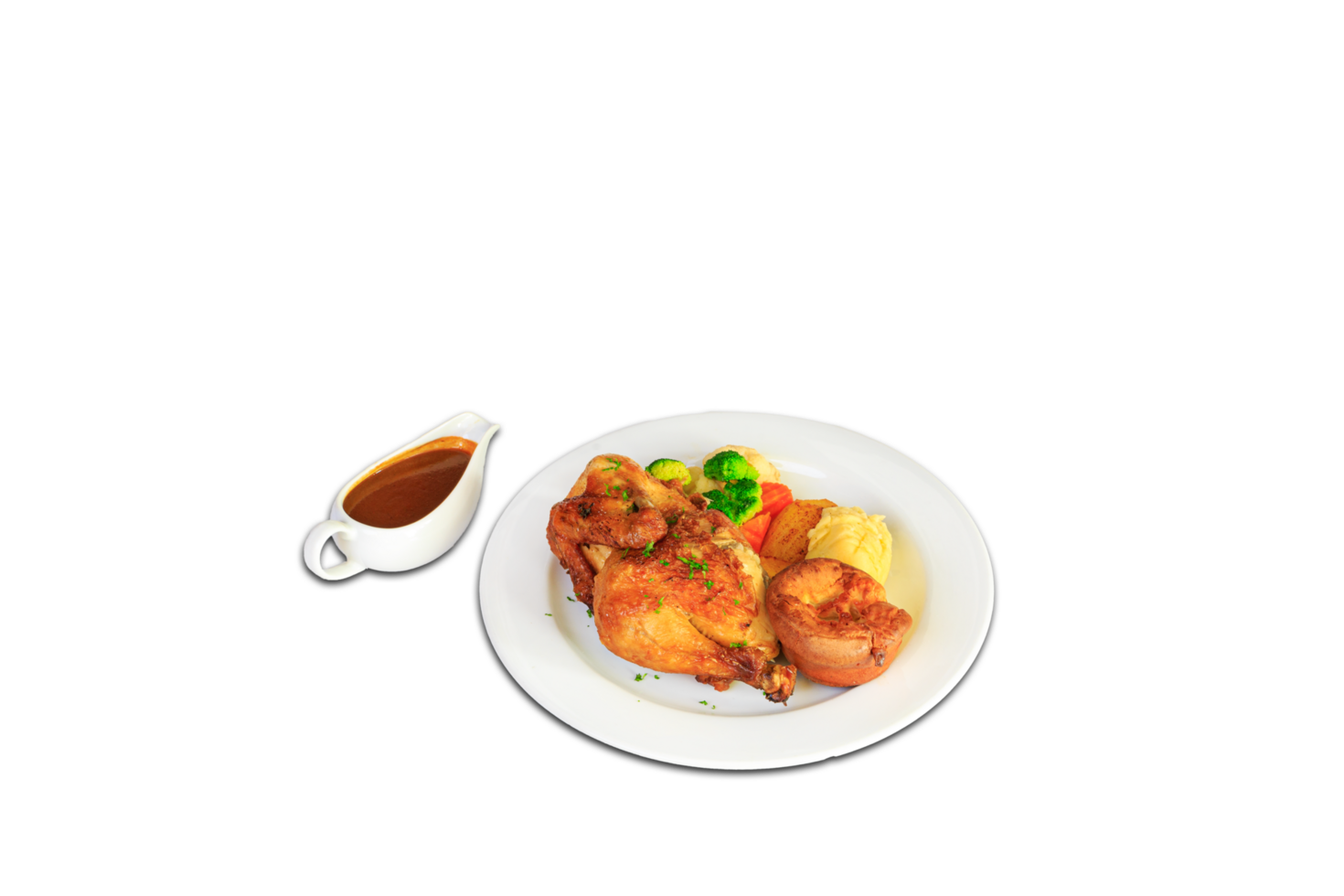 Half roasted chicken with mashed potatoes. png