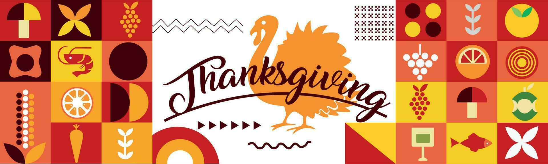 thanksgiving creative banner, turkey bird and colors theme background and geometric abstract retro modern colorful  design. abstract modern design. vector