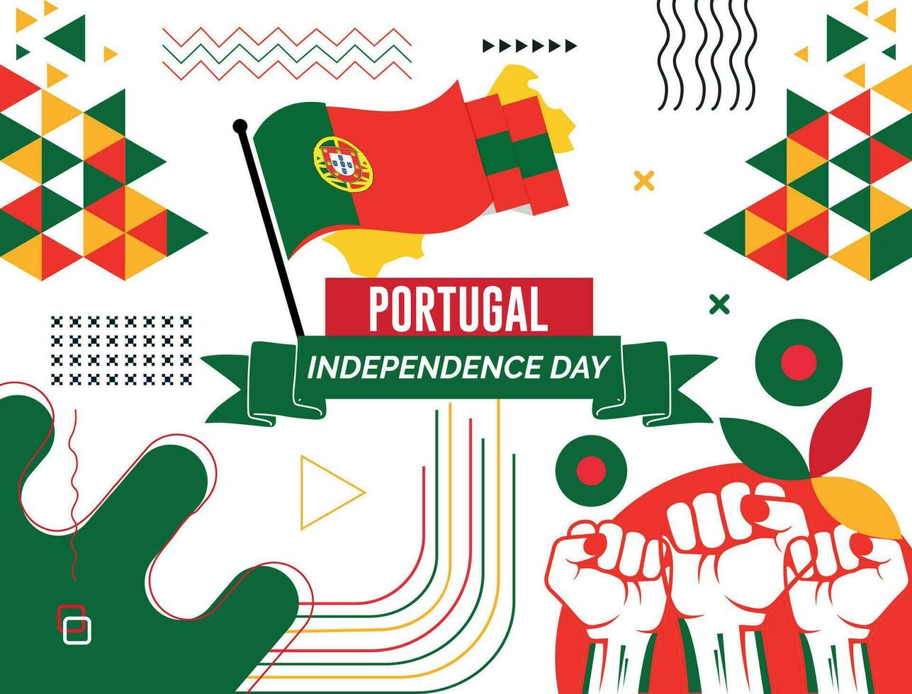 Portugal nacional día bandera con mapa, bandera colores tema antecedentes y geométrico resumen retro moderno rojo y azul color diseño. resumen moderno diseño. vector