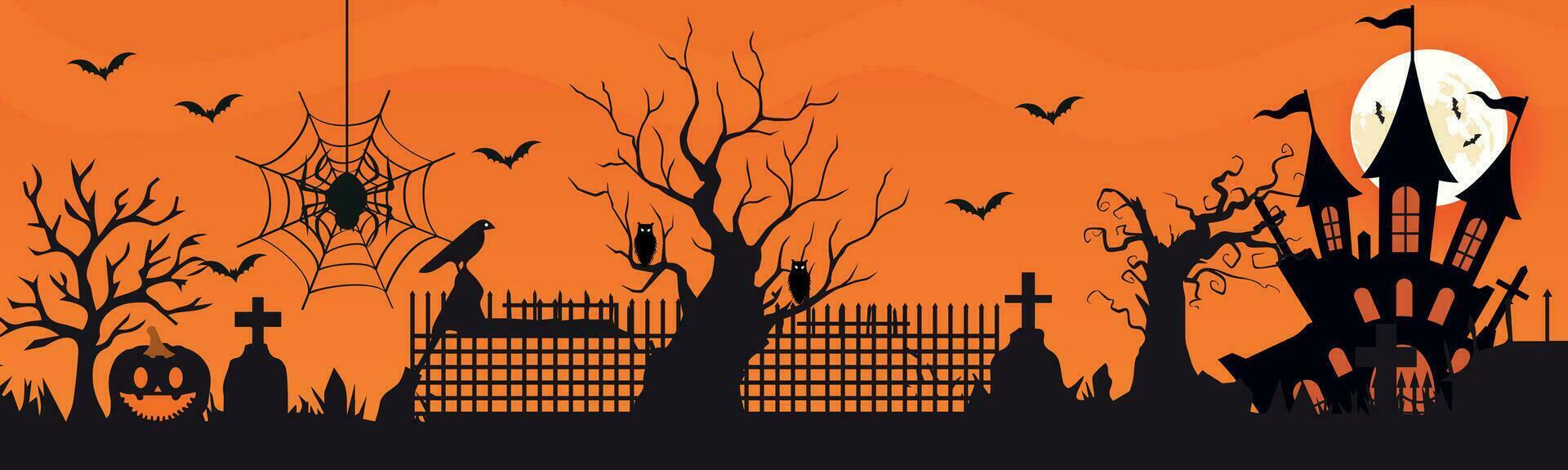 Halloween City panorama in halloween Spooky old gothic castle, foggy night, haunted mansion . Vector illustration.