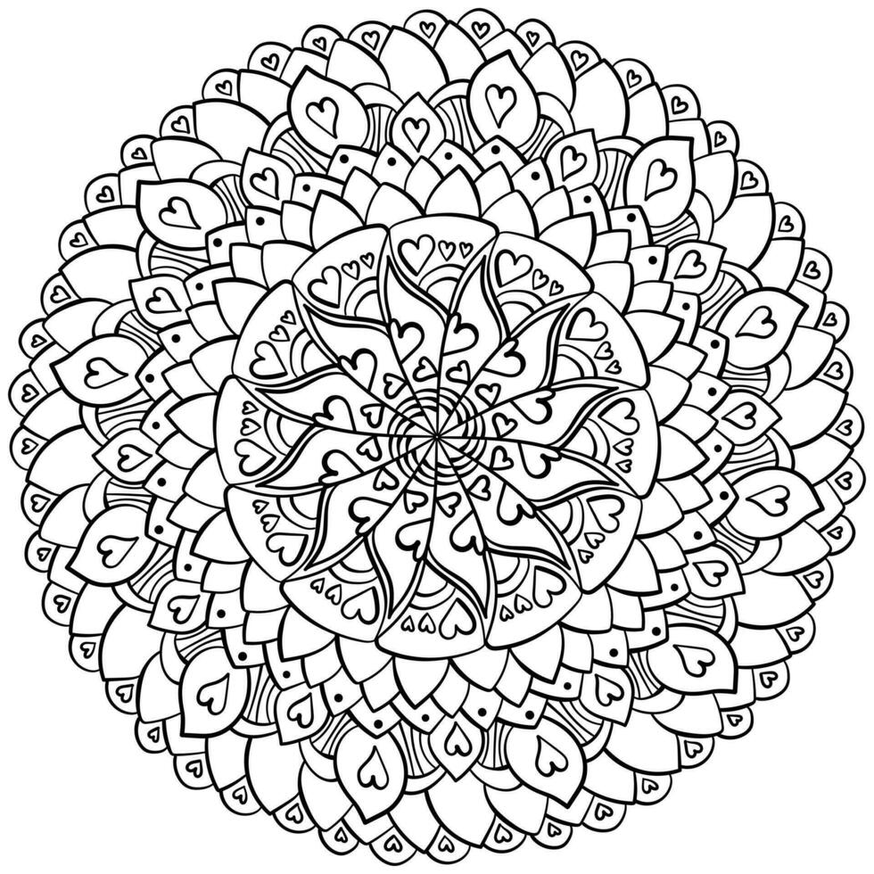 Outline mandala with many small doodle petals, coloring page with simple motifs and hearts vector
