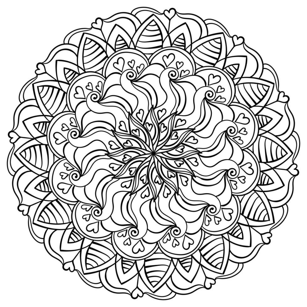 Outline mandala with waves and striped petals meditative zen coloring Outline mandala with waves and striped petals meditative zen coloring