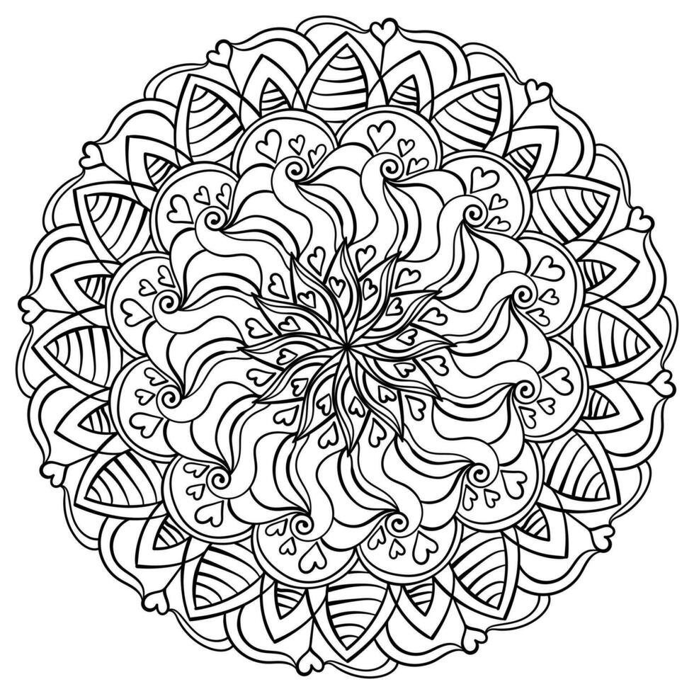 Outline mandala with waves and striped petals, meditative zen coloring book with hearts vector