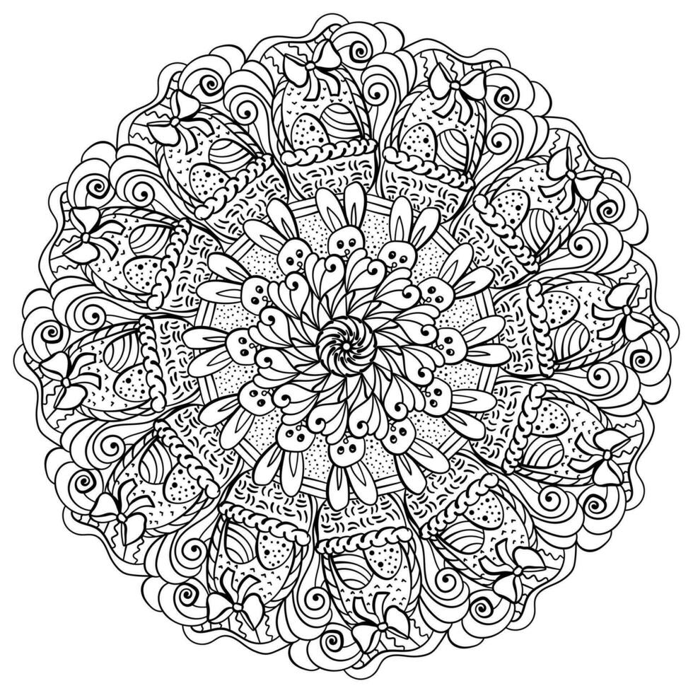 Meditative mandala with rabbits and eggs for Easter, coloring page with holiday symbols for activity vector