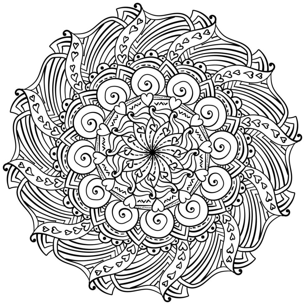 Mandala with spiral and striped motifs, coloring page with hearts vector