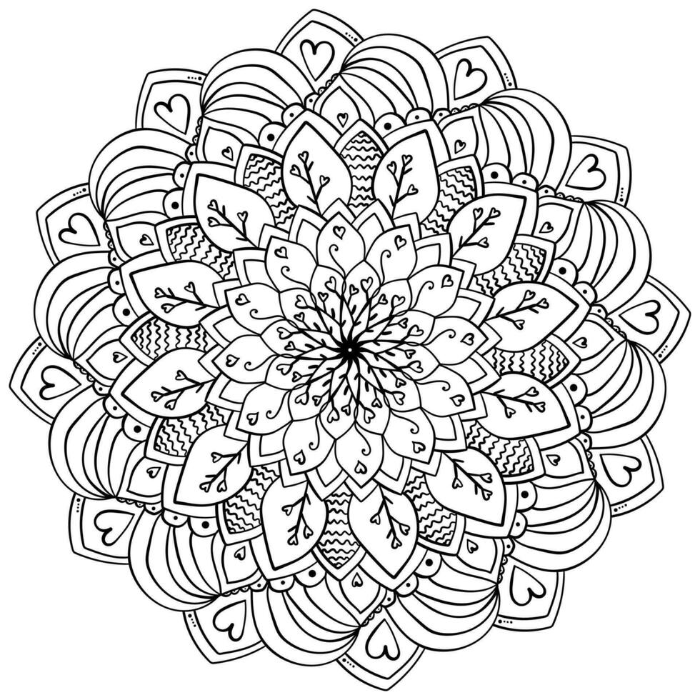 Mandala coloring page with hearts, meditative outline cool ornate valentine's day page with twigs and striped motifs vector