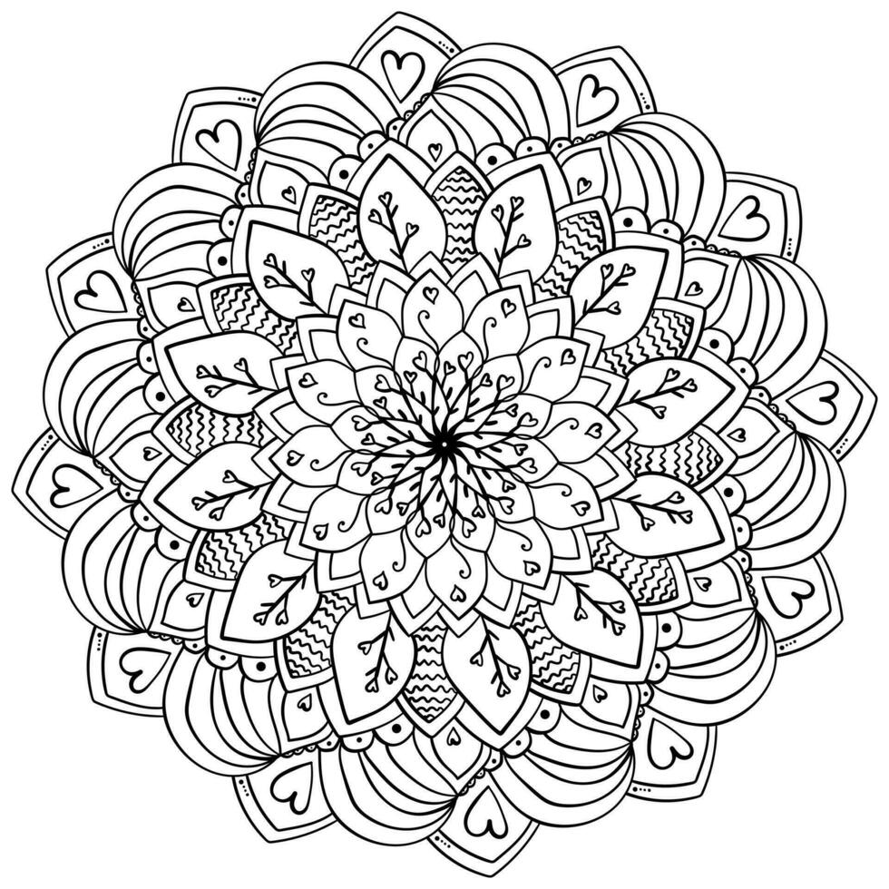 mandala colorante página con corazones, meditativo contorno frio florido San Valentín día página con leña menuda y a rayas motivos vector