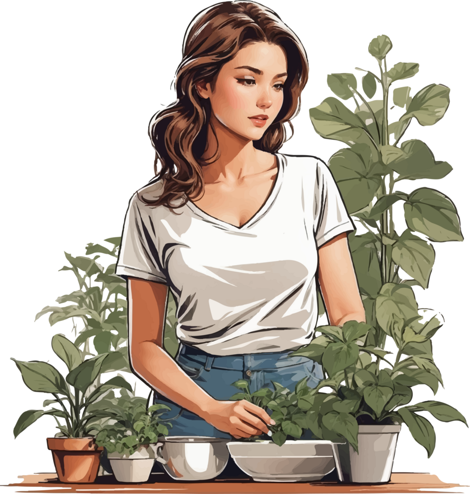 femmes et les plantes dessin animé avec ai génératif png